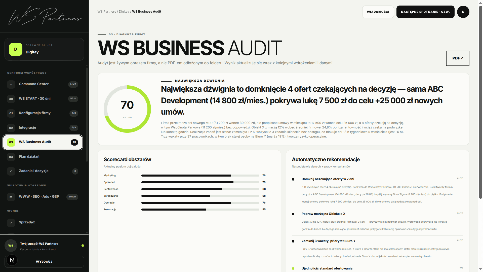 Realny ekran WS Business Audit w portalu klienta WS Partners