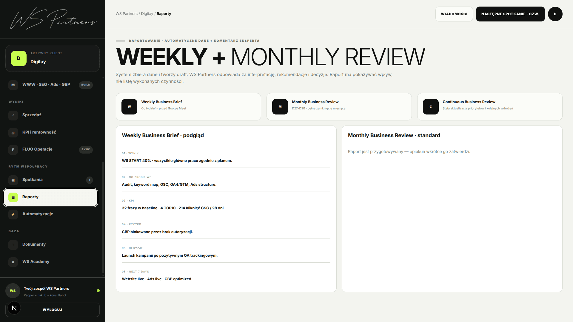Realny ekran Weekly Business Review w portalu klienta WS Partners